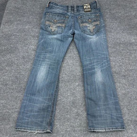 Rock Revival Jeans Mens 36x32 Clooney Boot Cut Flap Pocket Heavy Thick Stitch - Picture 14 of 16